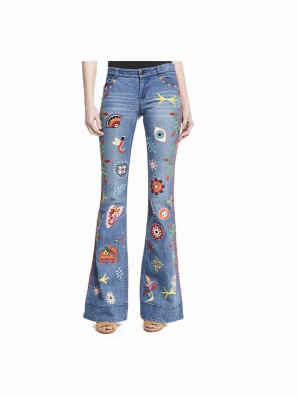 Alice + Olivia Ryley (or Rylie) Embroidered Low-Rise Bell-Bottom Jeans size 24